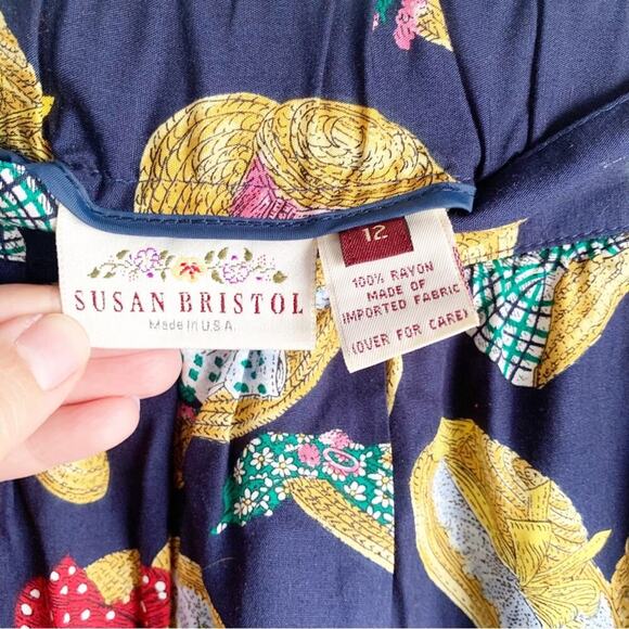 Vintage Susan Bristol Navy Straw Hat Print Pleated Midi Skirt Grandmacore 12 - Picture 4 of 9